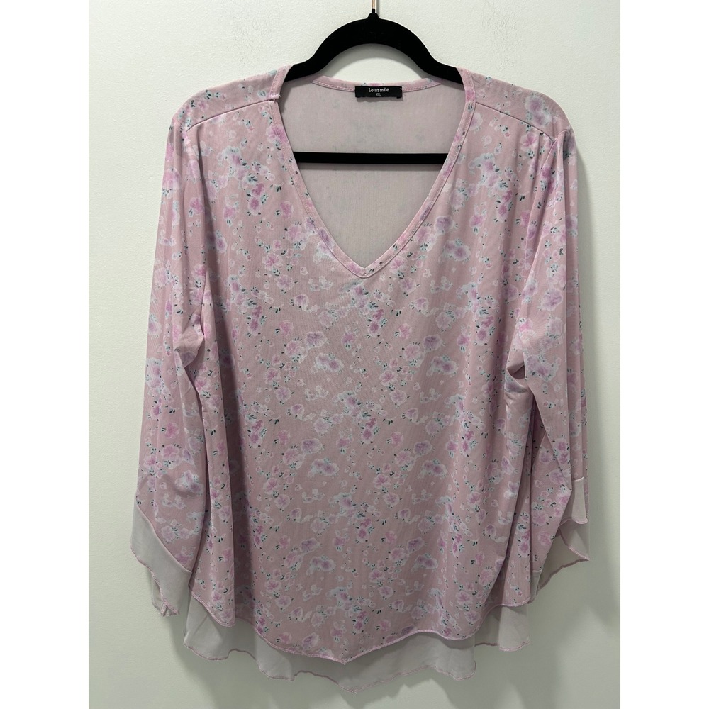 Lotusmile Pink Floral Mesh V-Neck Blouse Long Sleeve Layered Hem Top XXL